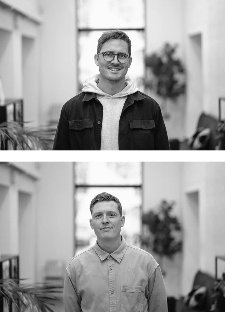 Portretten van de twee ontwerpers achter Kristian Juul, maker van Scandinavische platenkasten en modulaire vinylmeubels.