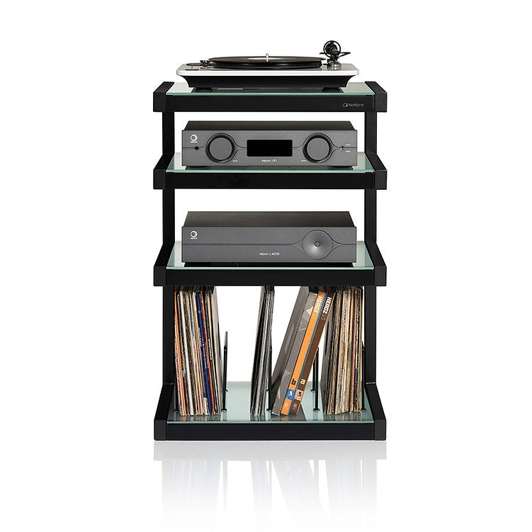 NorStone Esse HiFi Vinyl met zwart frame en legplanken van matglas